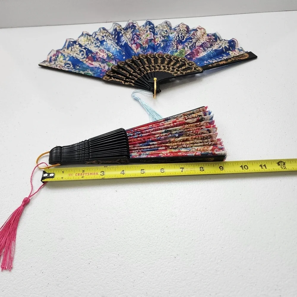 Vintage Japanese Flora Handheld Fan 2 Piece BLUE AND PINK